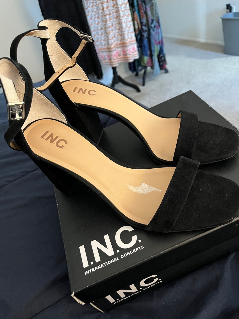 INC International Concepts Black Suede Block Heel Sandals with Ankle Strap